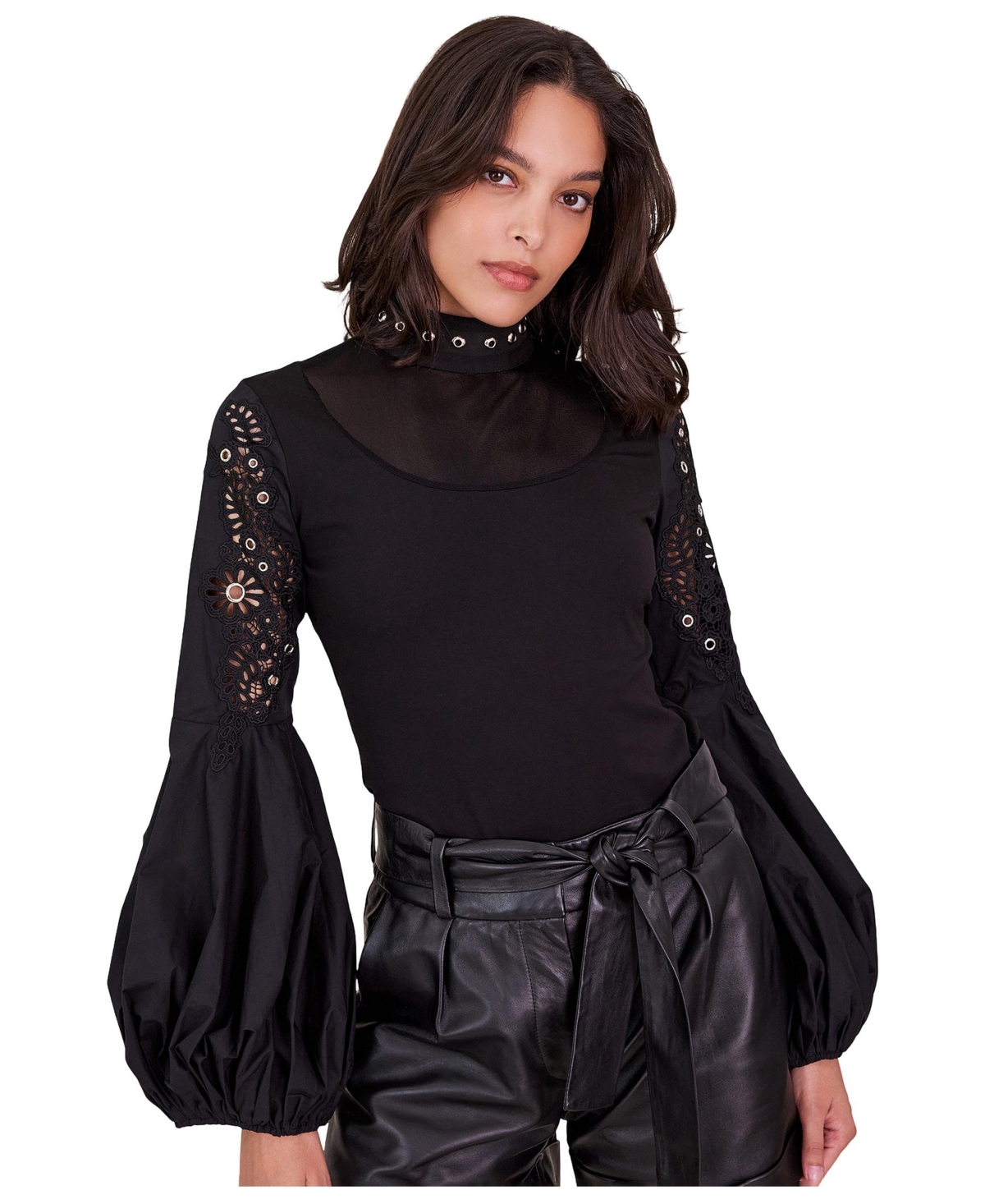Anne Fontaine Women's Lenna Balloon Sleeve Mock Neck Sheer Blouse