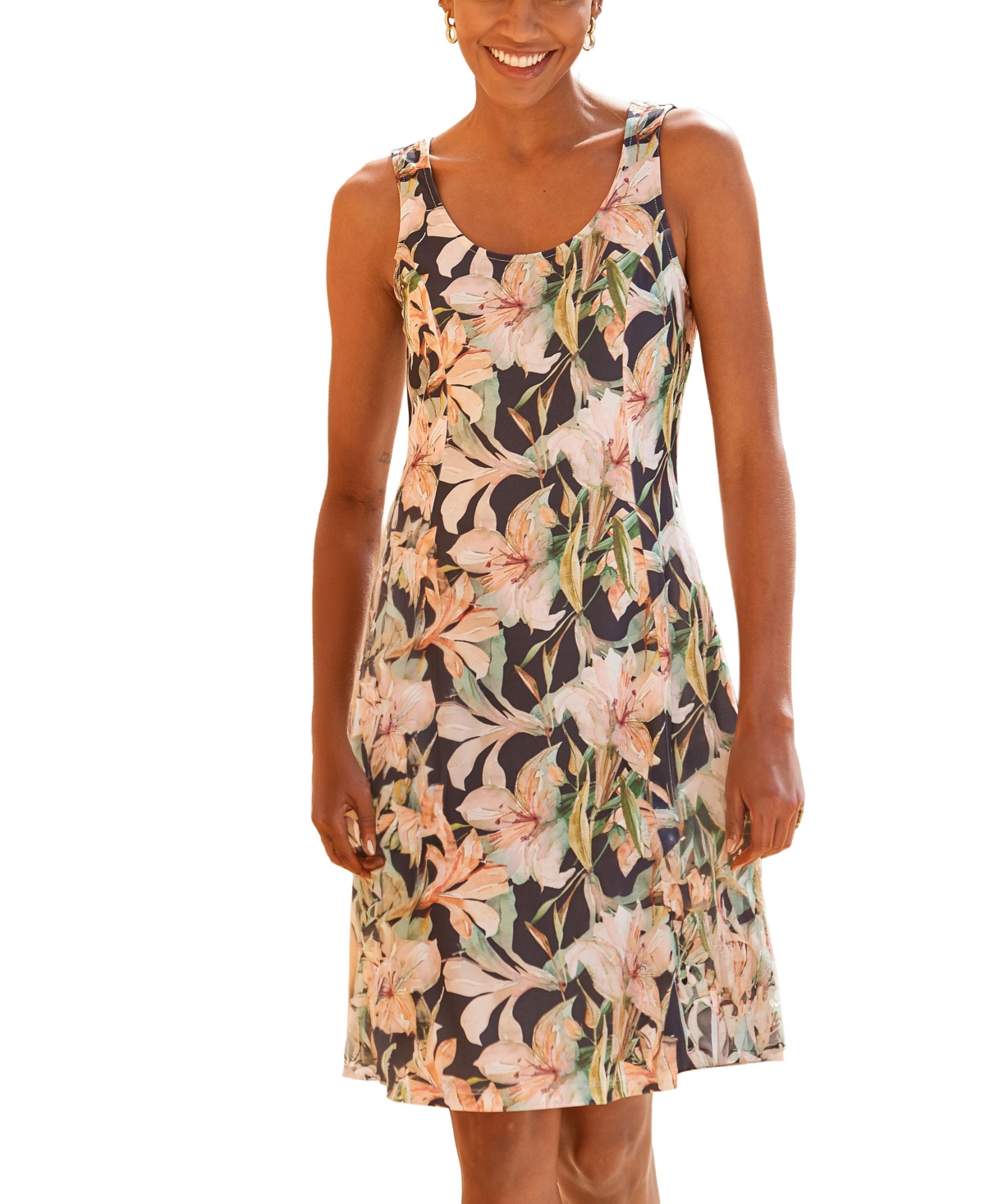 Lascana Women's Floral-Print Strappy Back A-Line Short Dress - Orange  navy
