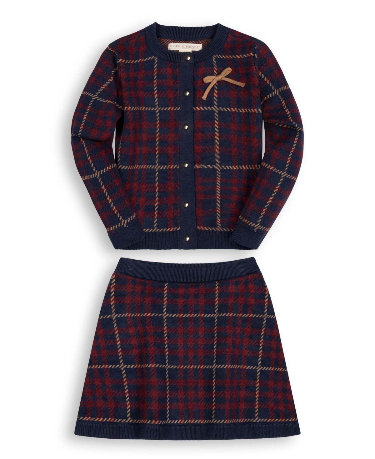 Hope & Henry Toddler Girls' 2T-5 Plaid Intarsia Cardigan and Skirt Sweater, 2-Piece Set - Navy plaid intarsia