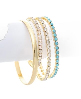 Cubic Zirconia and Turquoise Gold-Tone Bracelet Set, 4-Piece