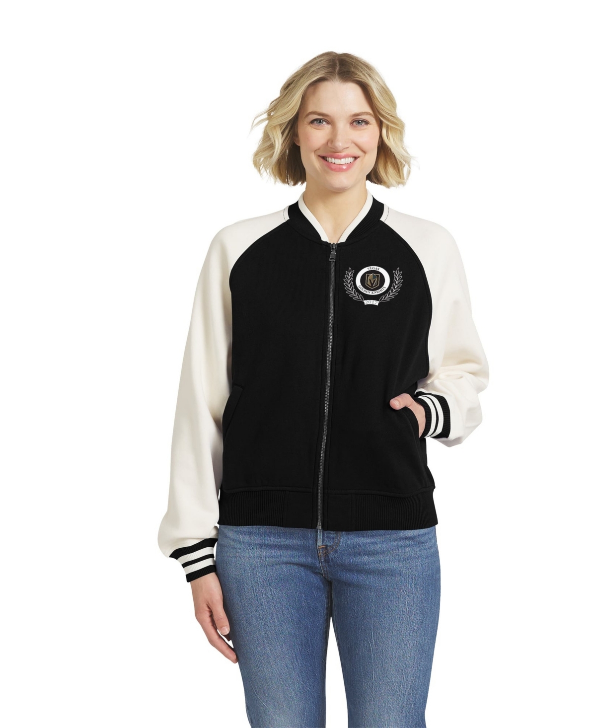Wear by Erin Andrews Women's Black/White Vegas Golden Knights Fleece Varsity Full-Zip Jacket