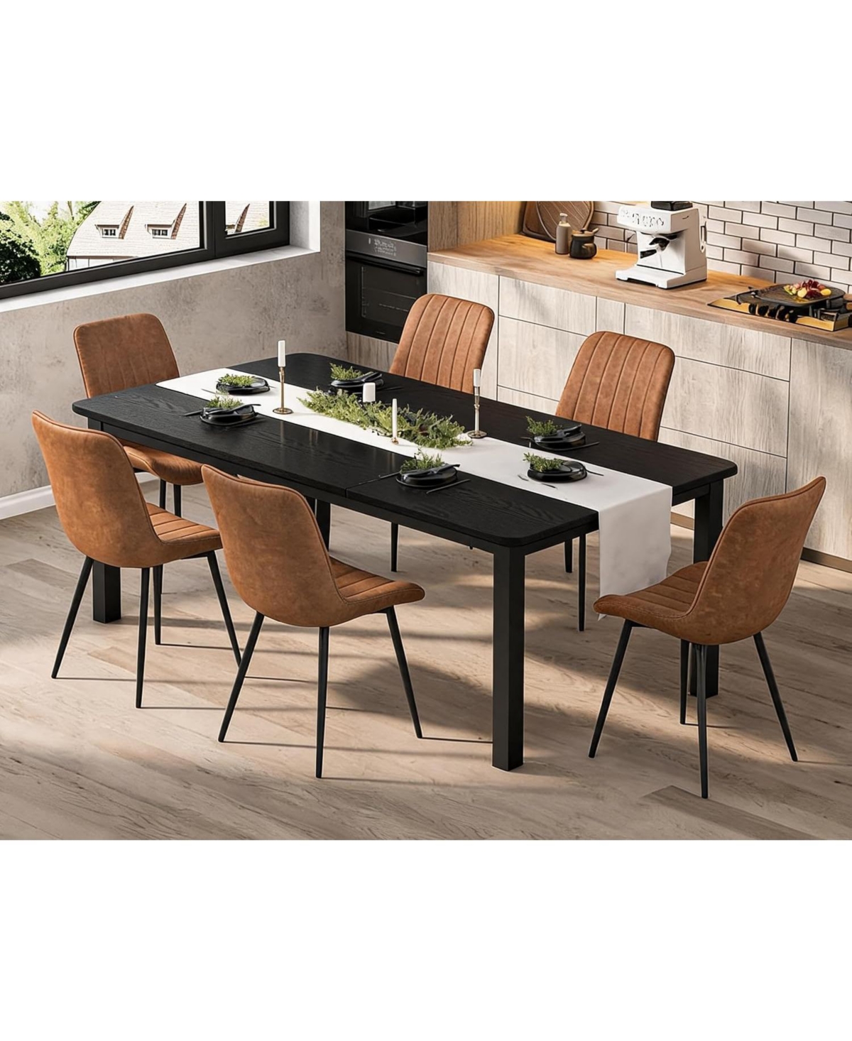 gaomon 7-Piece 78.7-Inch Dining Table Set with 6 Pu Leather Dining Chairs