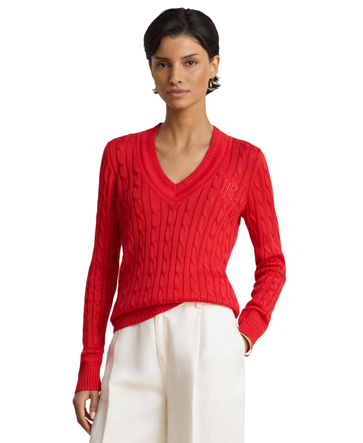 Женский свитер Lauren Ralph Lauren Long-Sleeve V-Neck Cable Knit, цвет: Тёмный гранатовый — фото 8