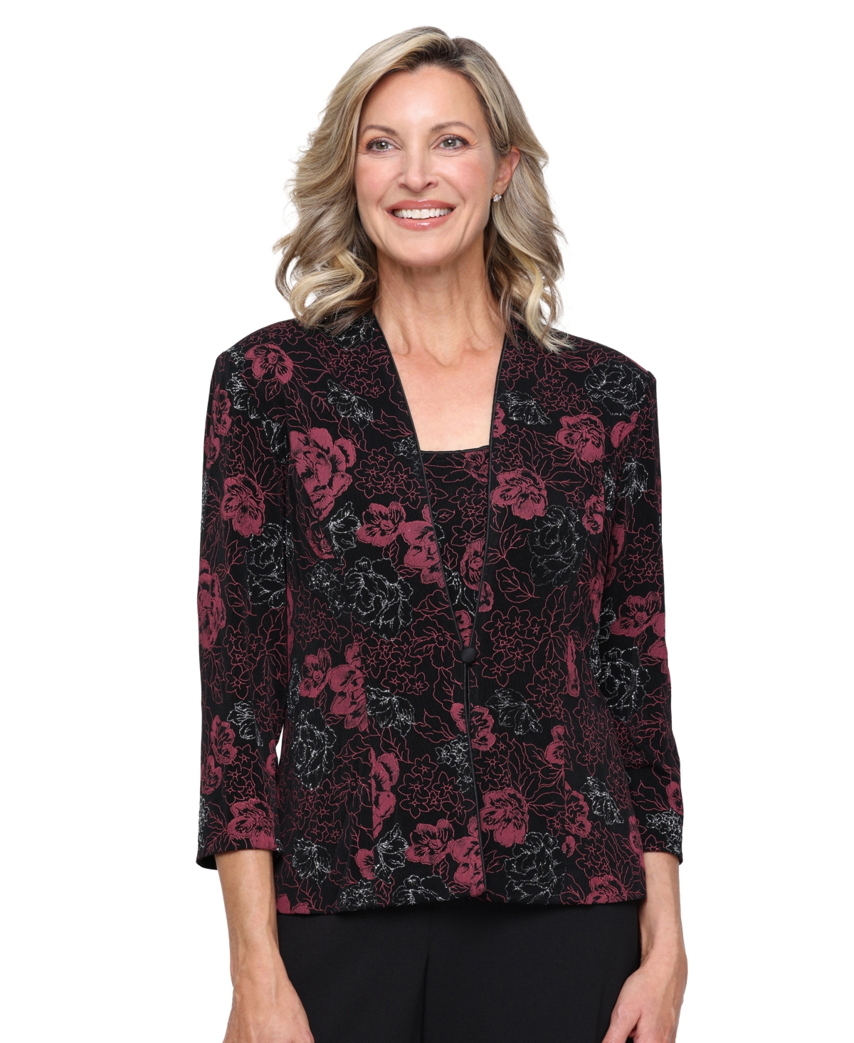 Alex Evenings Petite Scoop Neck 3/4-Sleeve Floral-Print 2-Piece Jacket and Camisole - Black/wine