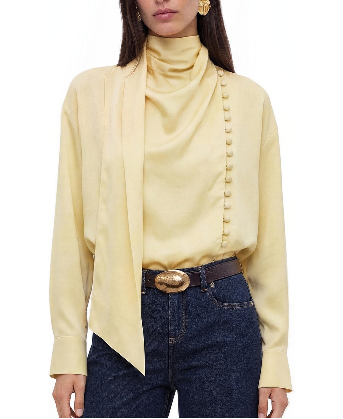 Nocturne Women's Shawl Collar Long Sleeve Button Detail Blouse