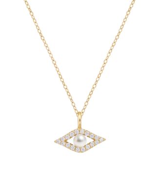 Imitation Pearl and Diamond Evil Eye Pendant Necklace (1/10 ct. t.w.) in 14k Yellow Gold