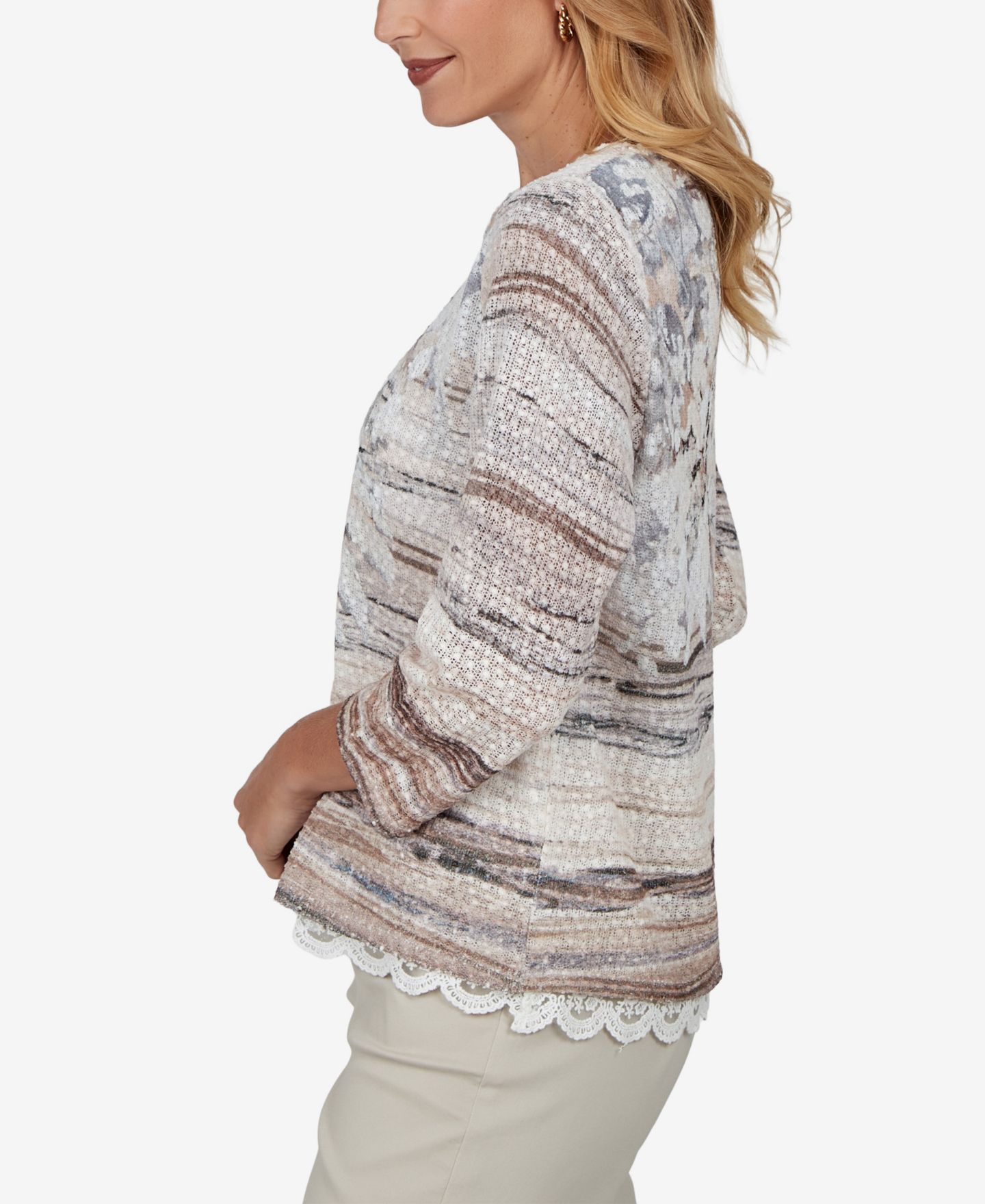 Женская блузка Alfred Dunner Petite 3/4-Sleeve Lace-Trim, цвет: Рыжевато-коричневый разноцветный — фото 3