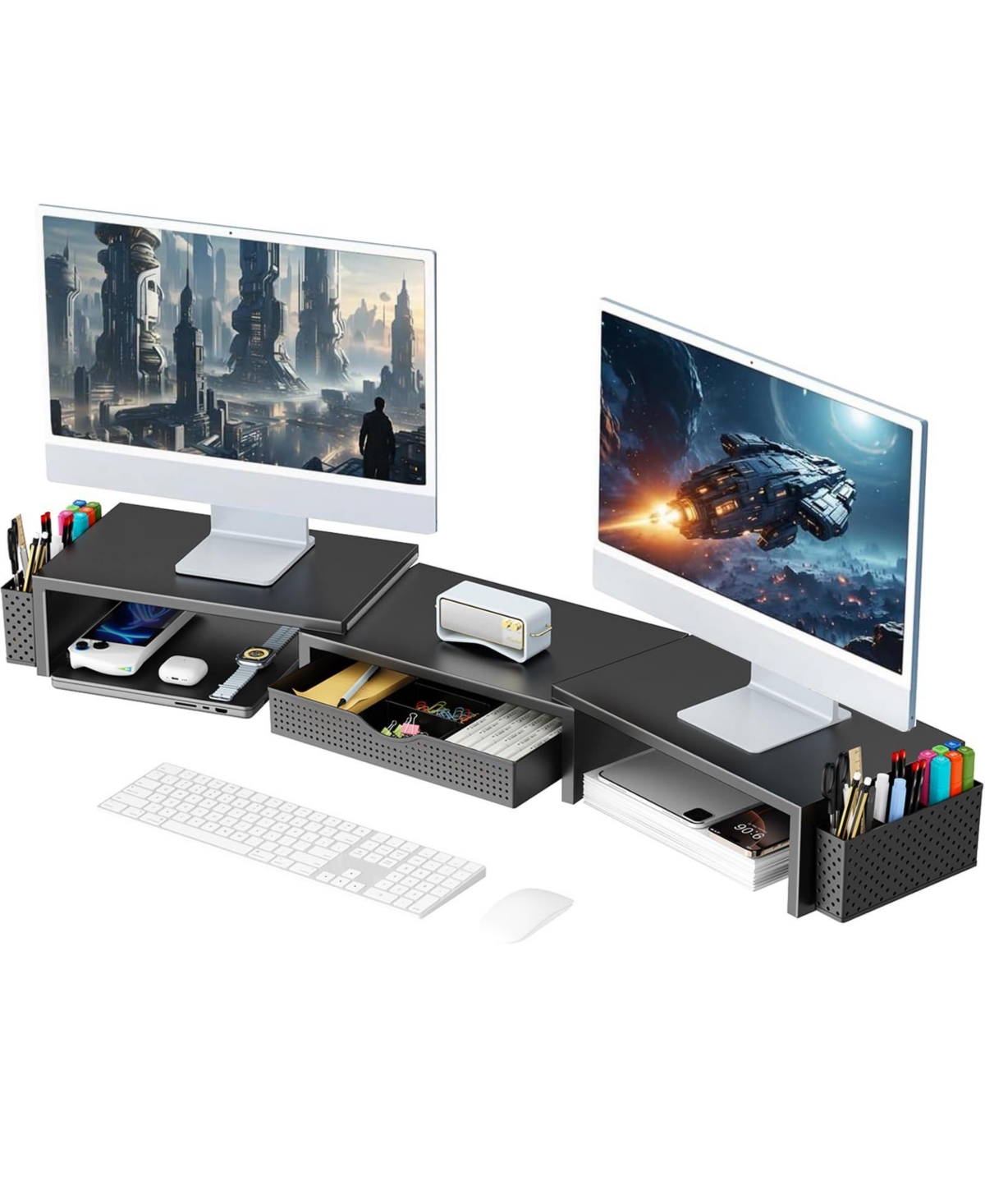Four Candies Dual Monitor Stand Riser With Drawer And 2 Pen Holders For Desk Storage And Posture Support - Black