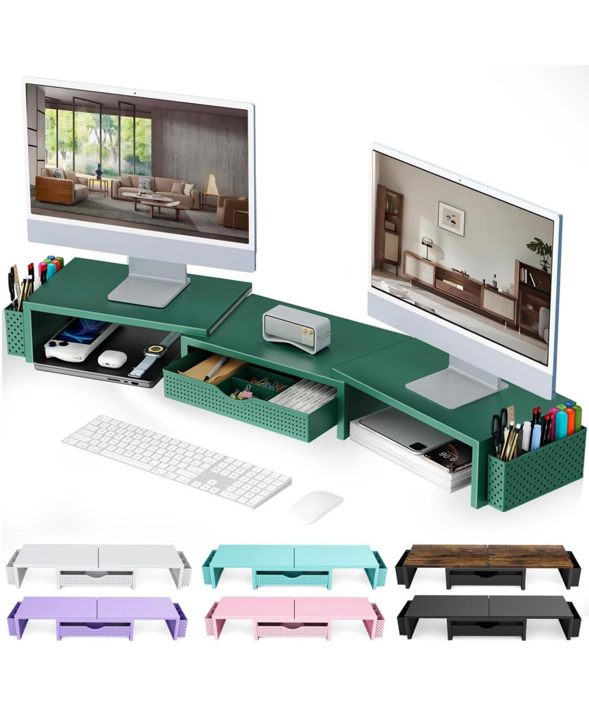 Four Candies Dual Monitor Stand Riser With Drawer And 2 Pen Holders For Desk Storage And Posture Support - Green