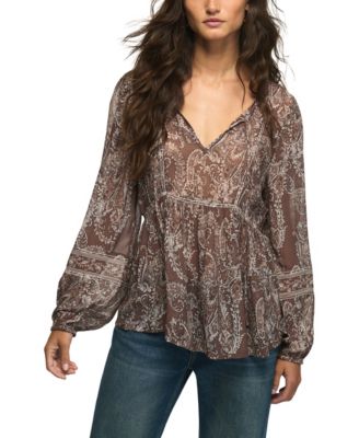 Women's Paisley Print Mix Long-Sleeve Peasant Top