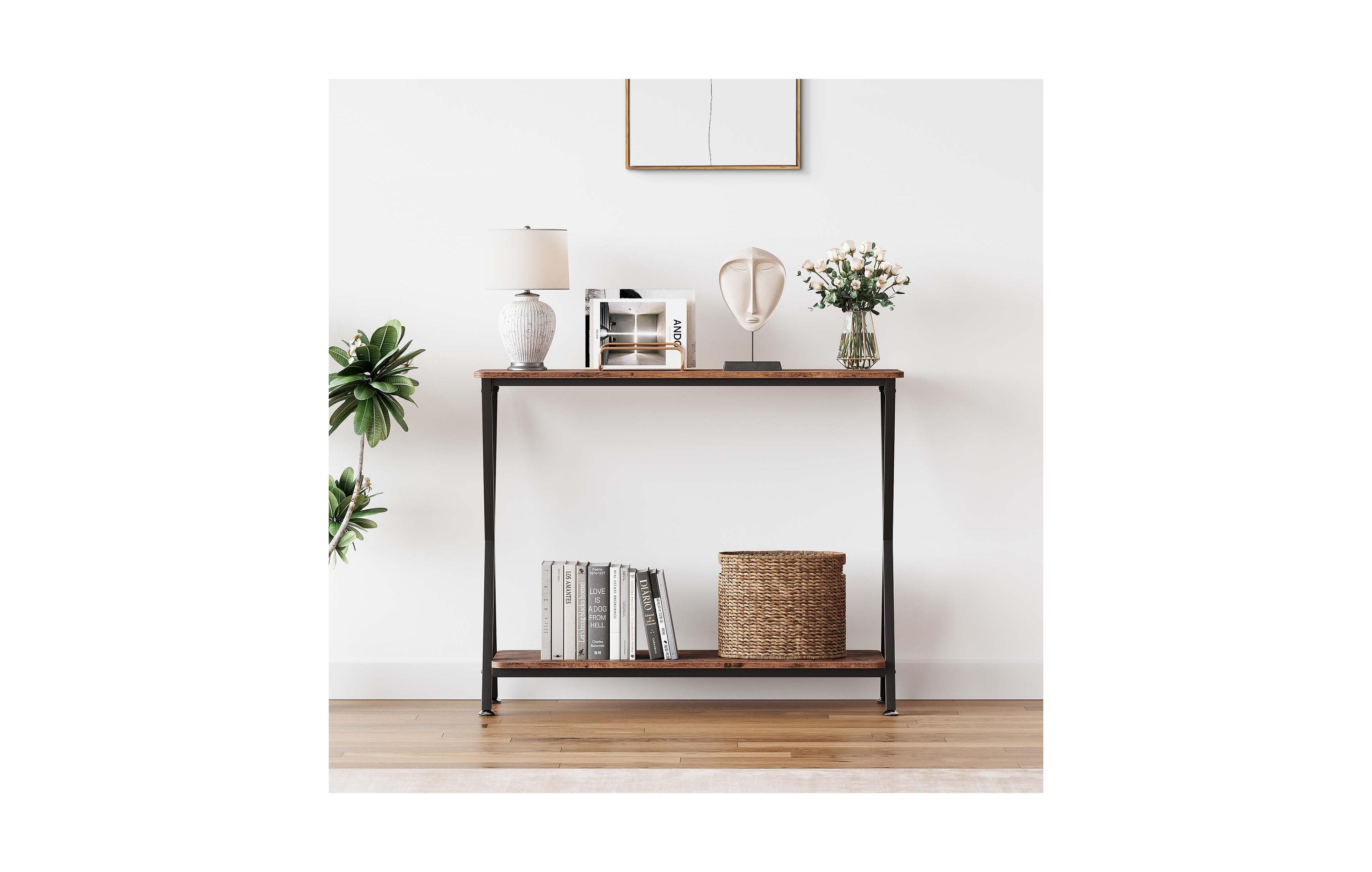 homfan 33.5 Inch Narrow Console Table with Storage Shelf Metal Frame Sofa for Entryway Living Room Foyer Bedroom