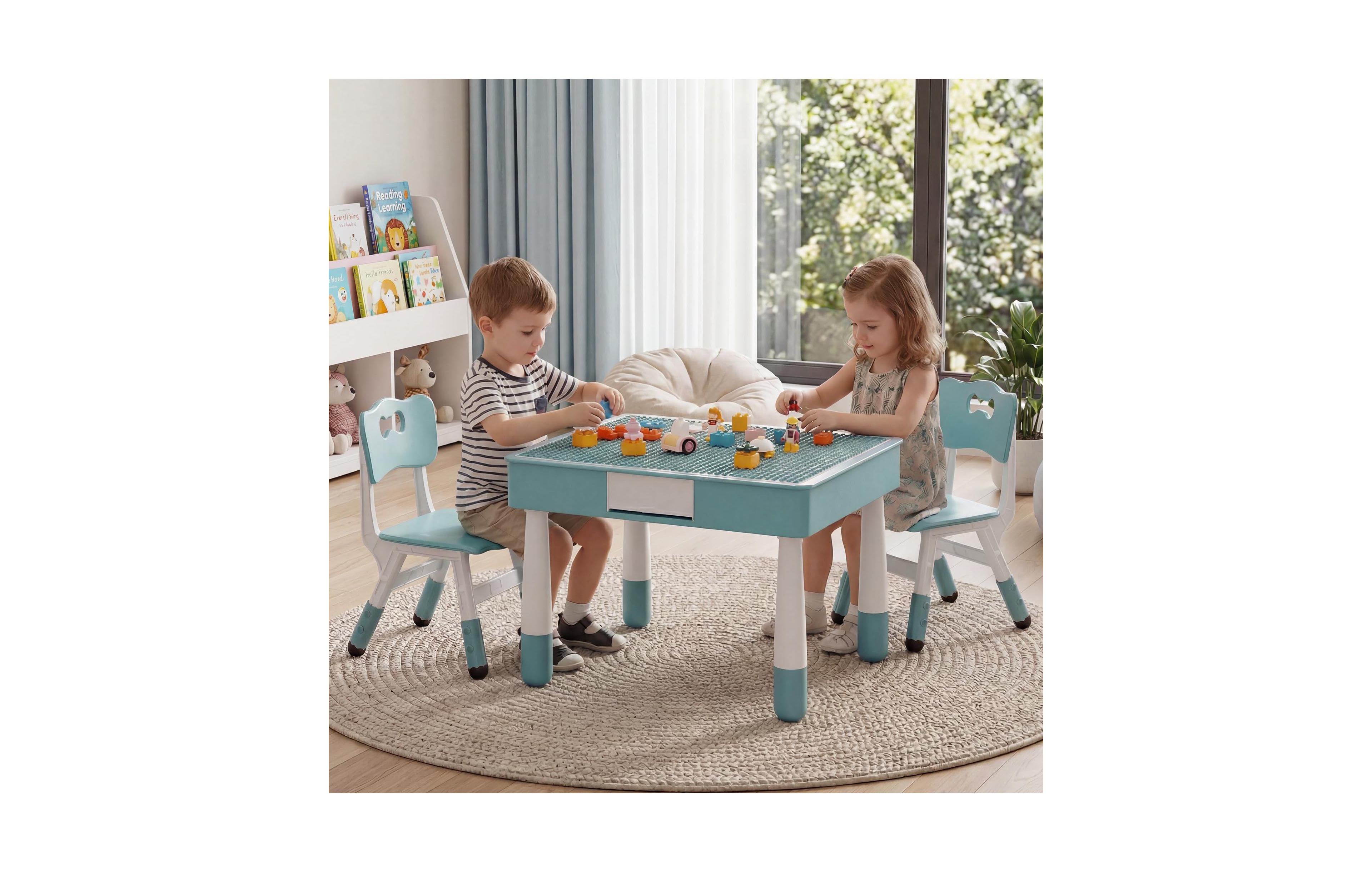 gaomon 4-in-1 Kids Table and Chair Set with Reversible Block Graffiti Top