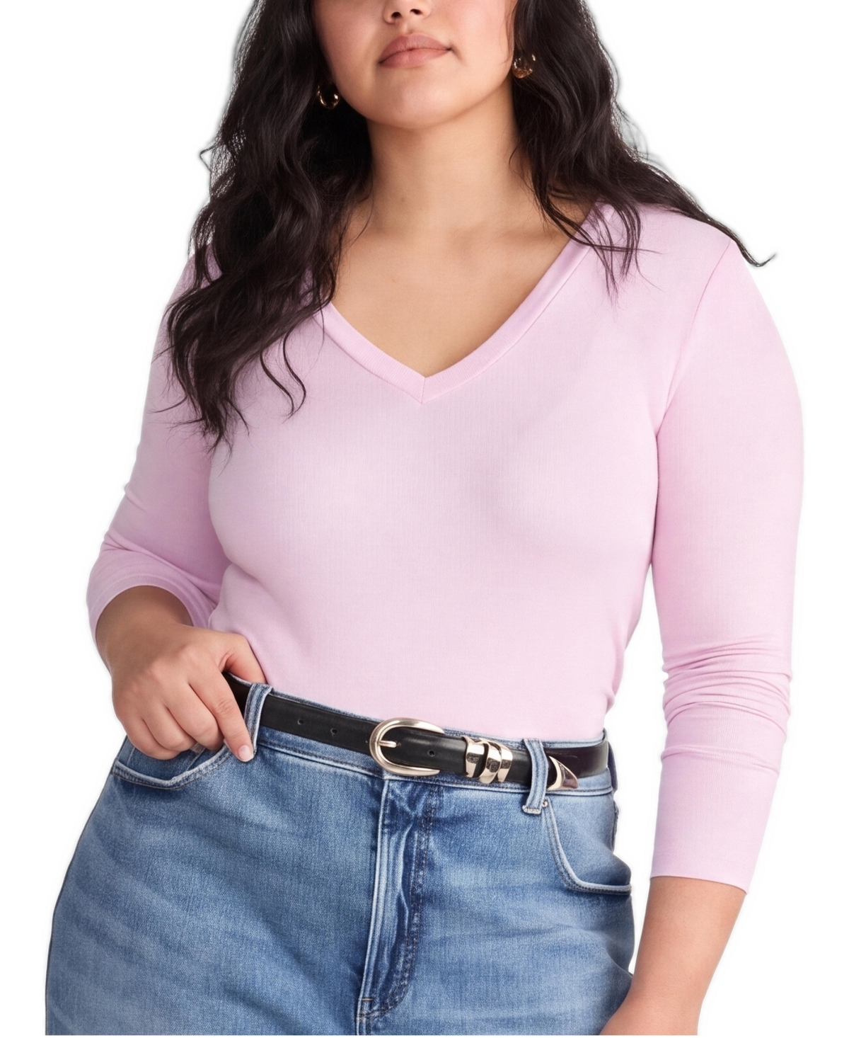 Universal Standard Plus Size Cloud Rib Slim-Fit Fine-Ribbed Deep V-Neck Long-Sleeve Tee - Pink dreams