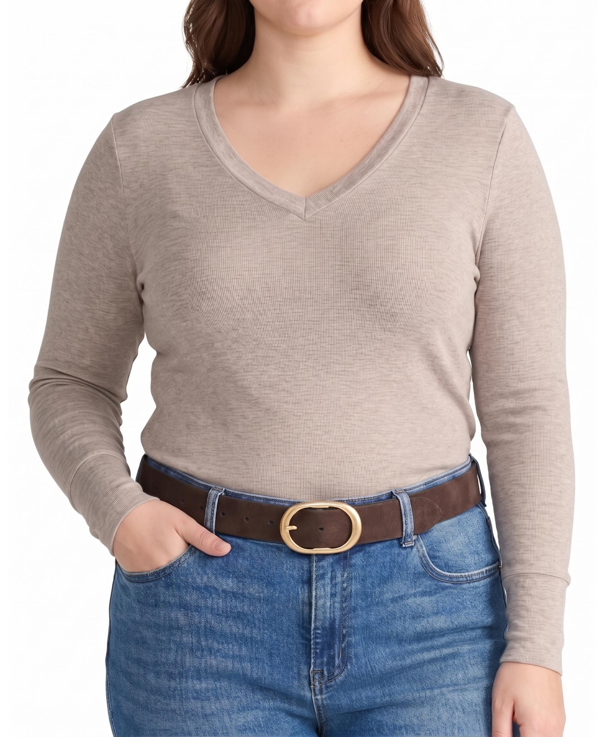Universal Standard Plus Size Cloud Rib Slim-Fit Fine-Ribbed Deep V-Neck Long-Sleeve Tee - Almond dust