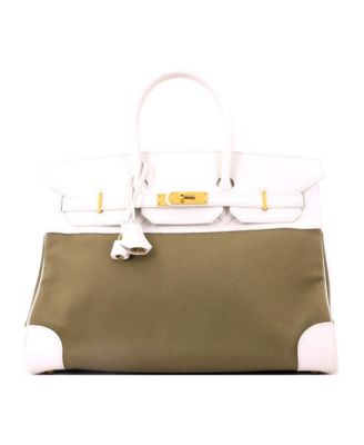 Pre-Owned HERMES Birkin 35 Handbag Toile and White Courchevel with Gold Hardware