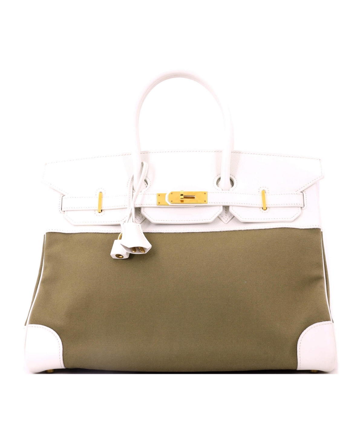 Pre-Owned Hermes Birkin 35 Handbag Toile and White Courchevel with Gold Hardware - White