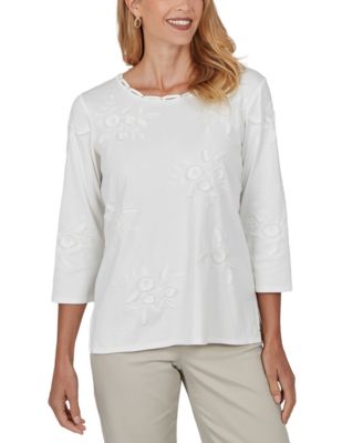Petite Floral-Embroidered 3/4-Sleeve Crewneck Top