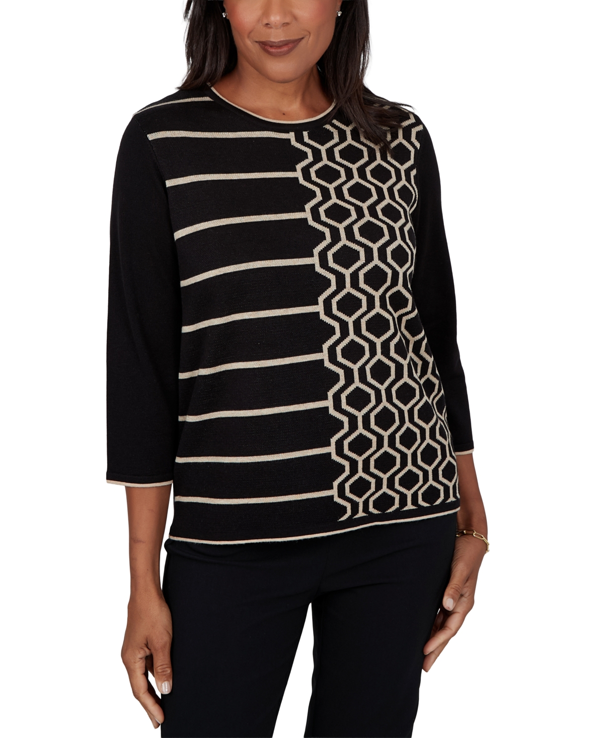 Alfred Dunner Petite Crewneck 3/4-Sleeve Pullover Sweater - Black