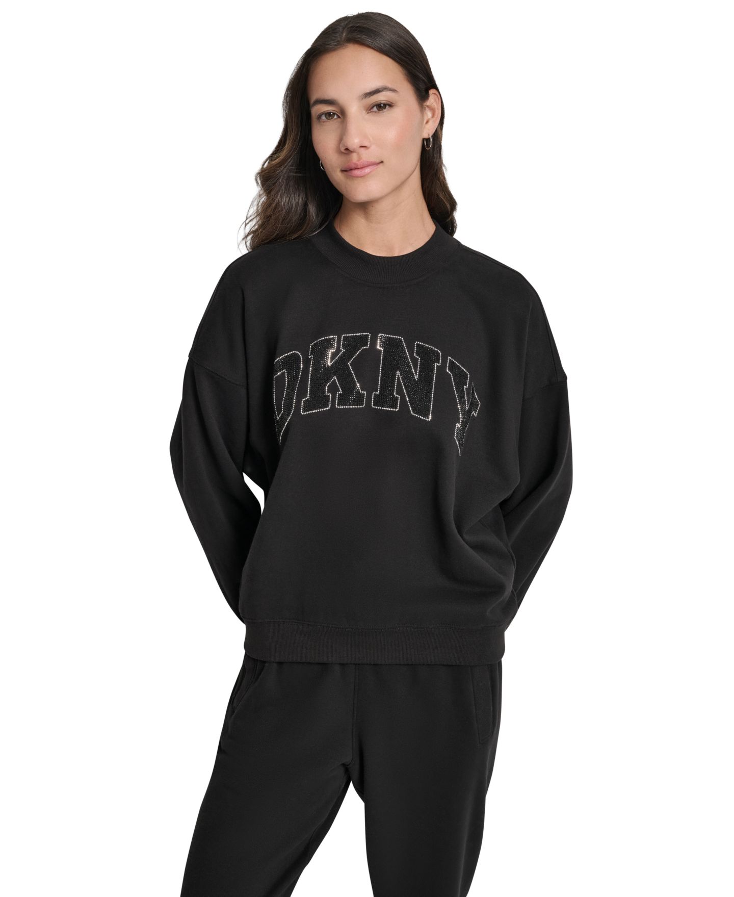 Женская толстовка DKNY Sport Arched Rhinestone Varsity Logo Graphic Long-Sleeve Crewneck, цвет: Чёрный — фото 1