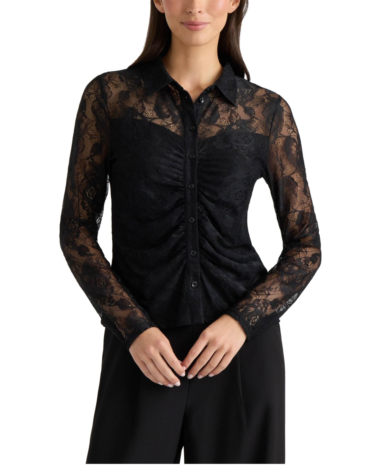 Женская рубашка Ellen Tracy Floral-Print Lace Button-Down, цвет: Чёрный — фото 1