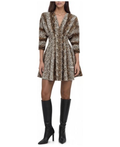 Женское платье NOCTURNE Leopard-Print V-Neck 3/4-Sleeve Mini, цвет: Леопардовый с принтом