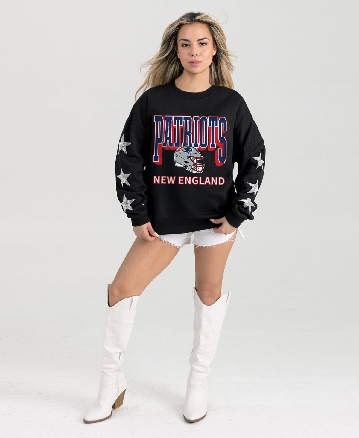 Gameday Couture Women's Black New England Patriots Pure Victory Rhinestud Star-Sleeve Pullover Sweatshirt - Black