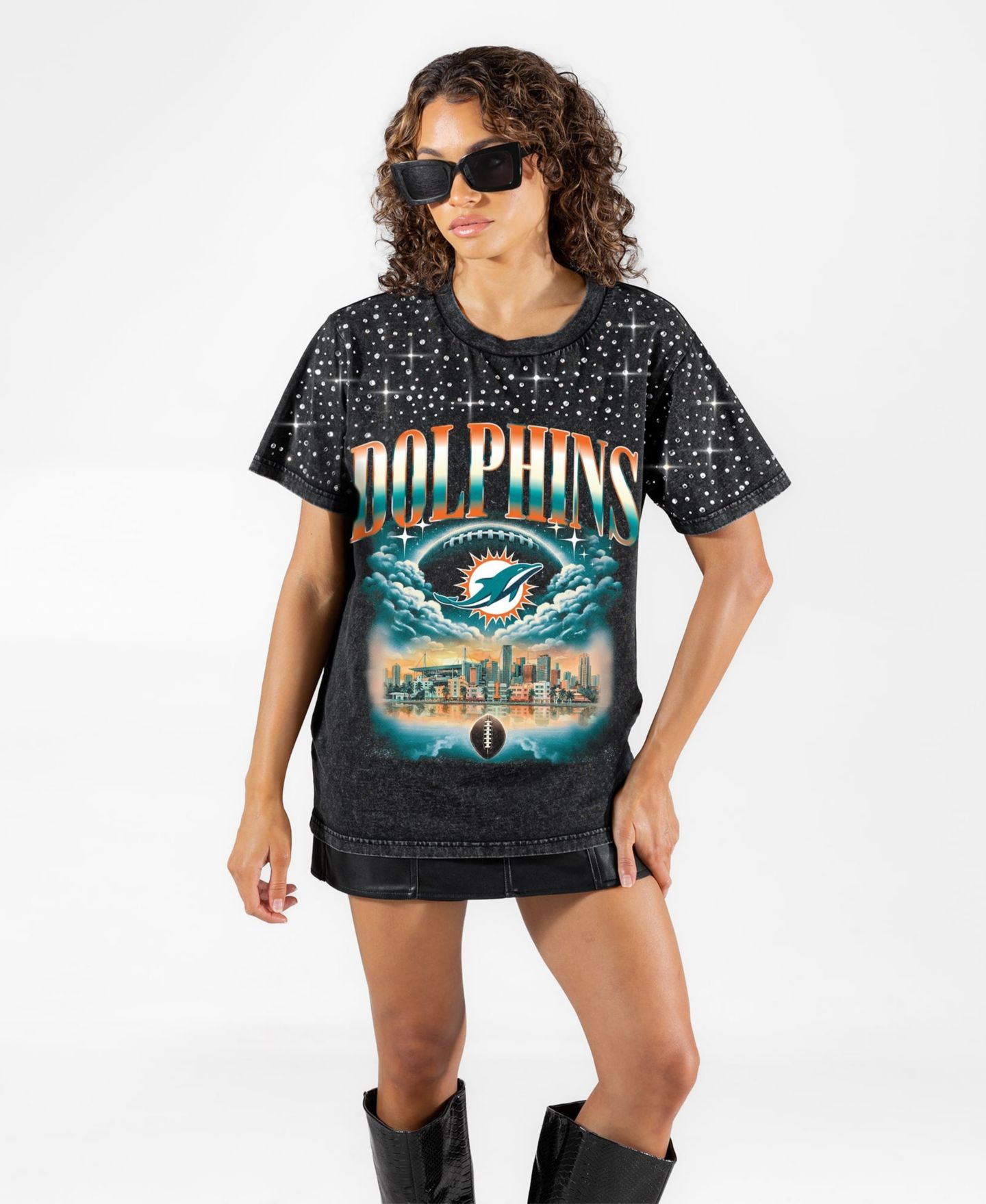 Женская футболка Gameday Couture Black Miami Dolphins Sky's the Limit Washed Micro Rhinestone — фото 1