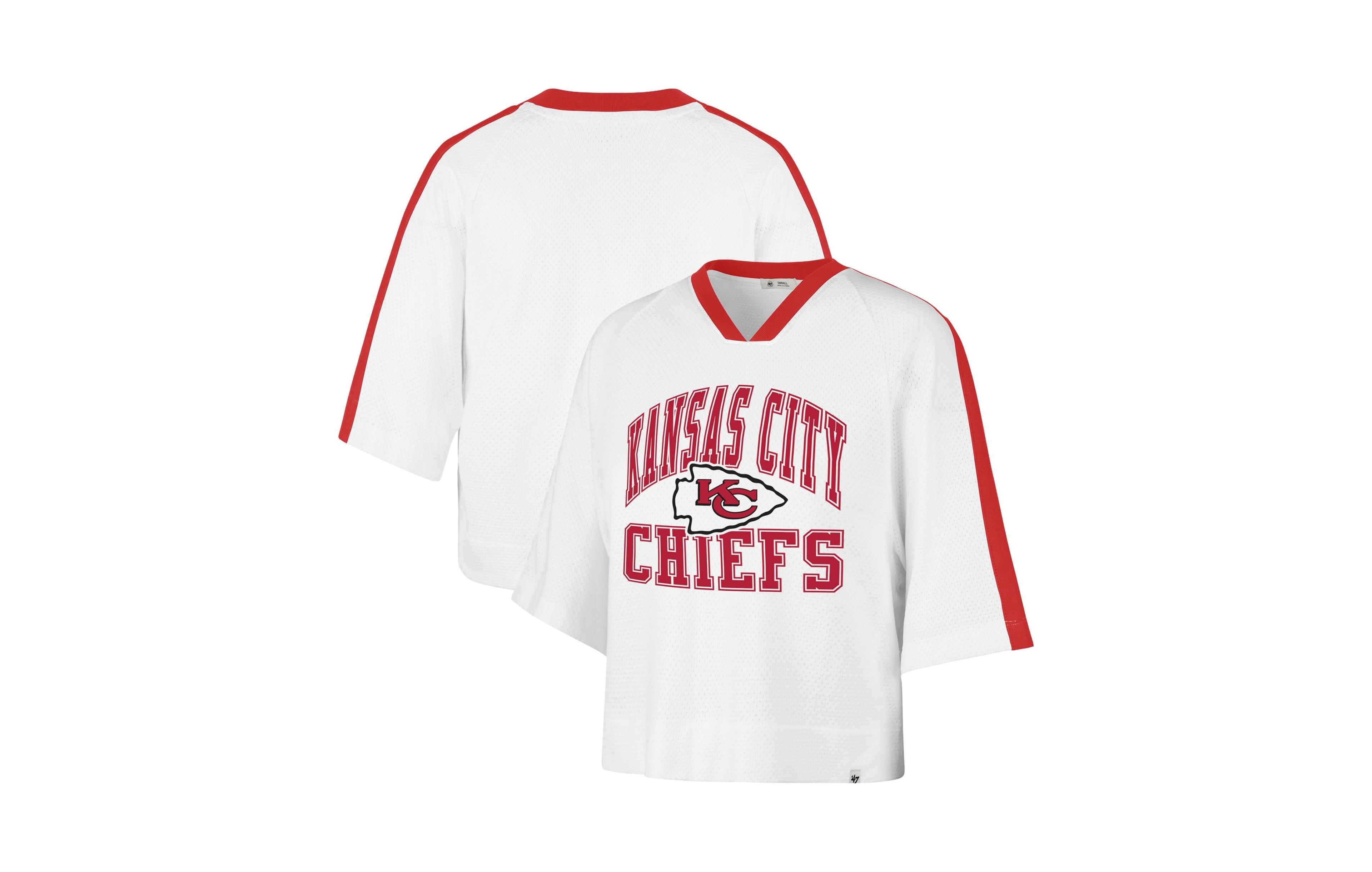 '47 Brand Women's White Kansas City Chiefs Big Overarch Drop Needle Raglan V-Neck T-Shirt