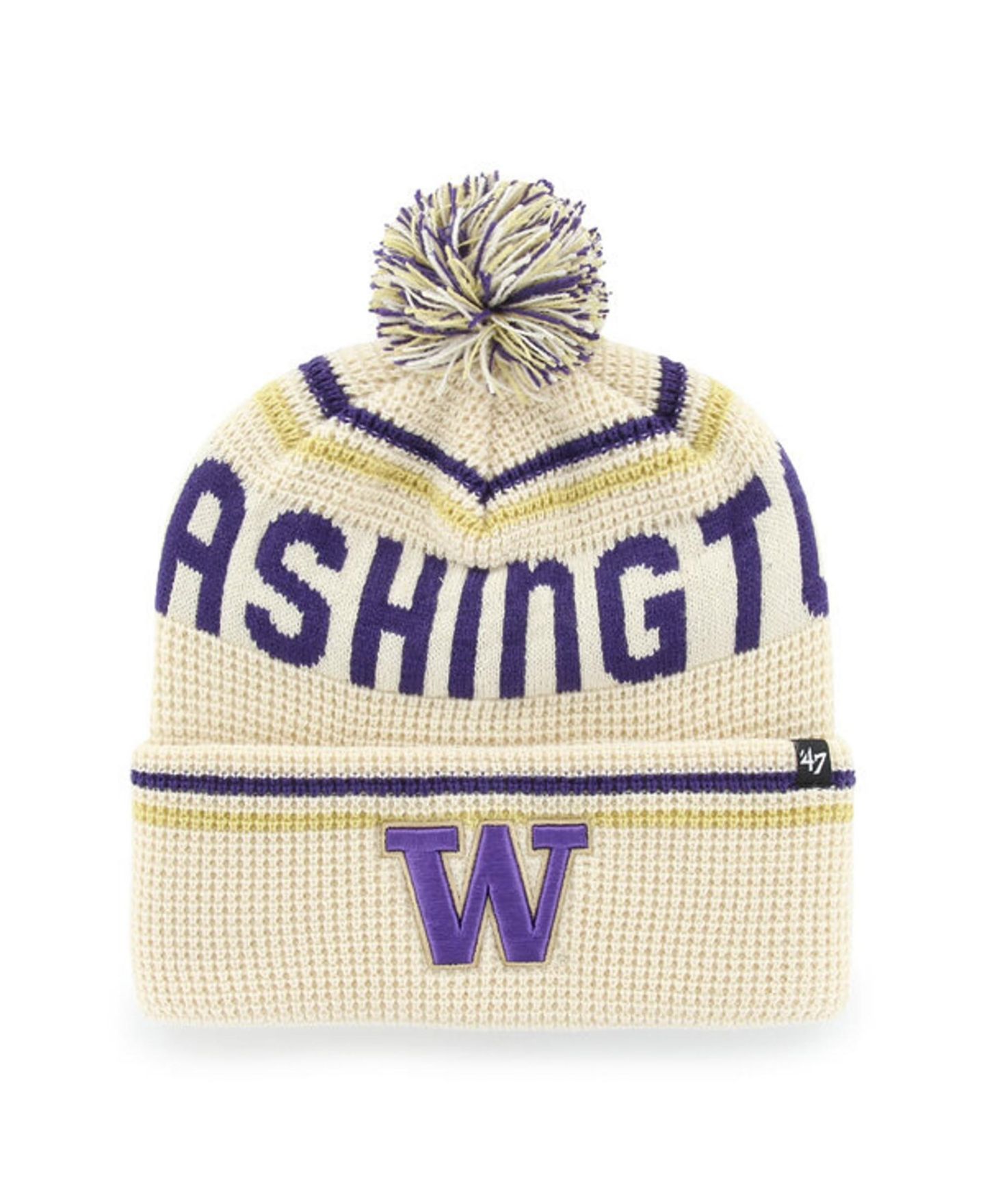 Головной убор '47 Brand Cream Washington Huskies Quattrle Waffle Cuffed Knit Pom Hat — фото 1