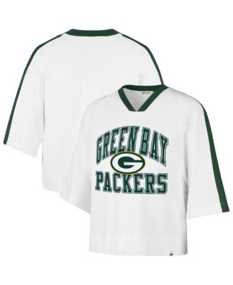 Women's White Green Bay Packers Big Overarch Drop Needle Raglan V-Neck T-Shirt