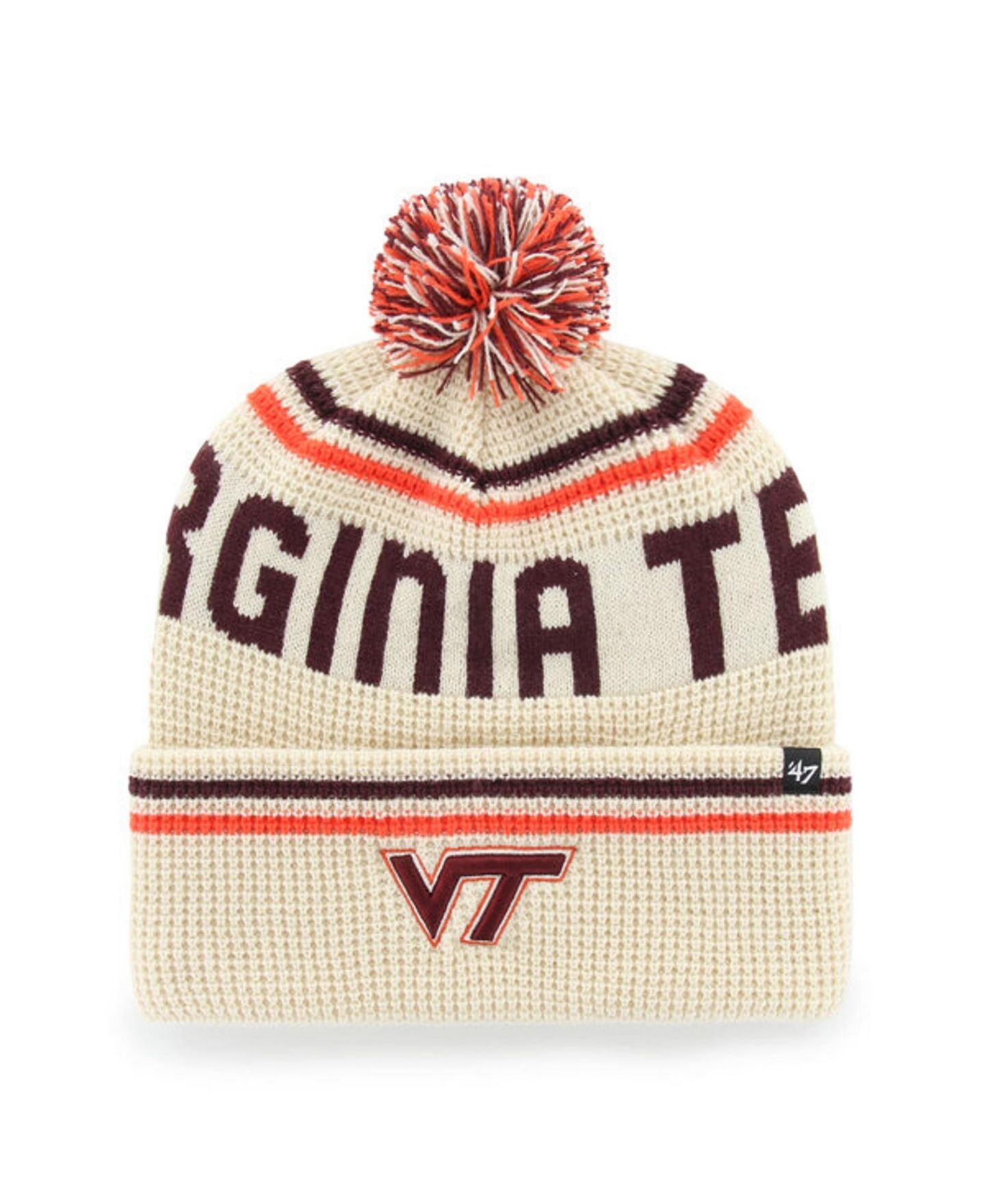 Головной убор '47 Brand Cream Virginia Tech Hokies Quattrle Waffle Cuffed Knit Pom Hat — фото 1