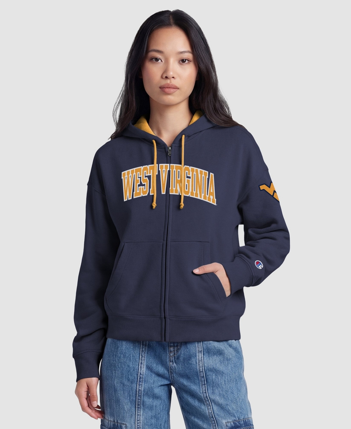 Champion Women's Navy West Virginia Mountaineers Arch Full-Zip Fleece Hoodie - Navy, Gold