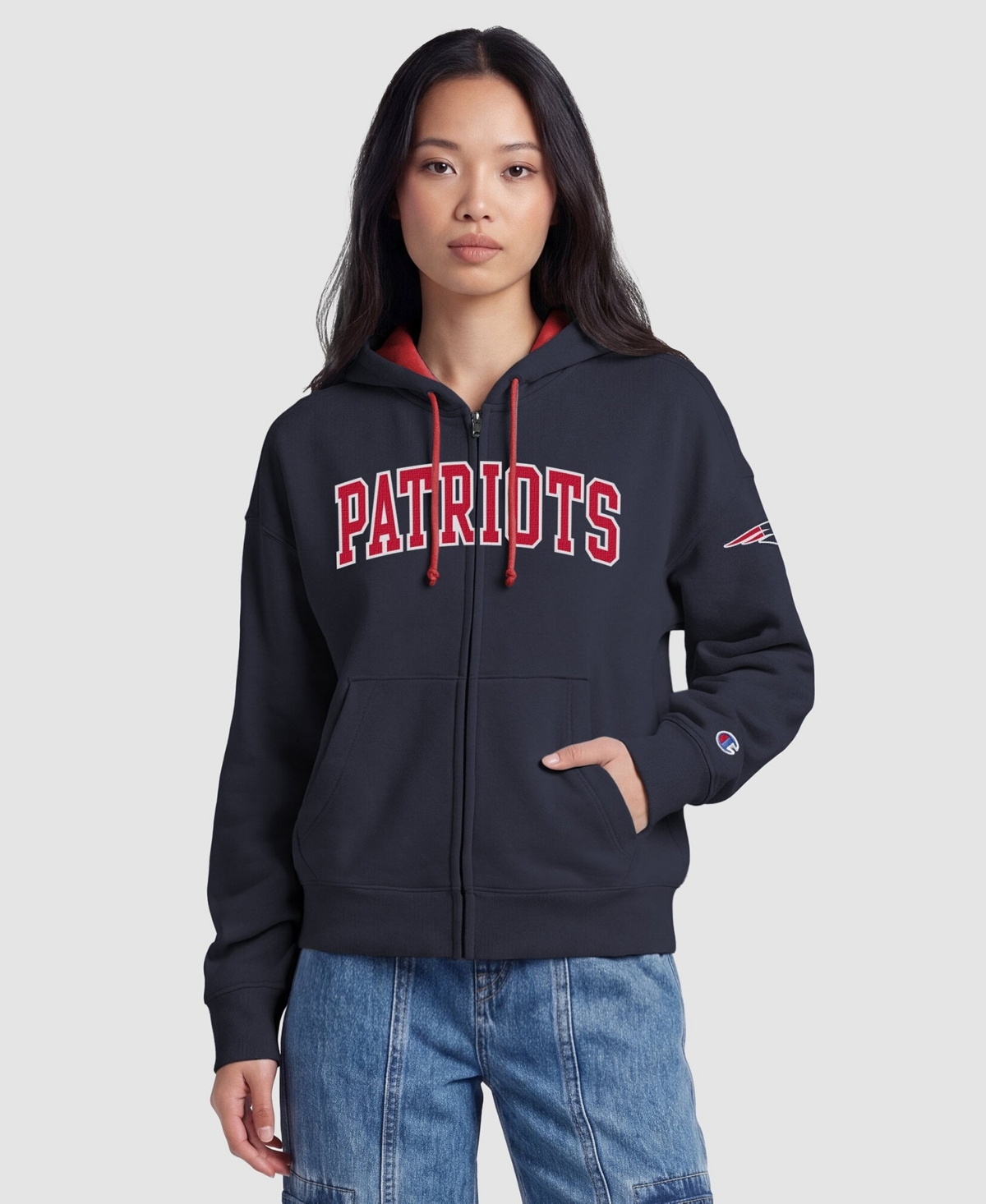 Champion Women's Navy New England Patriots Contrast Liner Full-Zip Hoodie - Navy, Scarlet