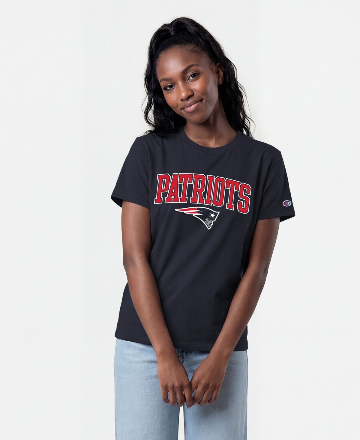 Champion Women's Navy New England Patriots Arched Over Logo T-Shirt - Navy