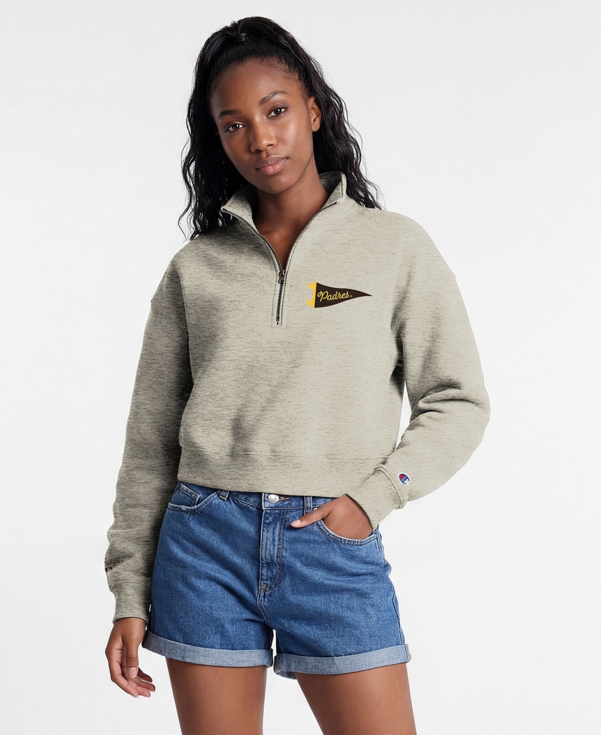 Champion Women's Cream San Diego Padres Triumph Tri-Blend Fleece Cropped Quarter-Zip Pullover - Cream