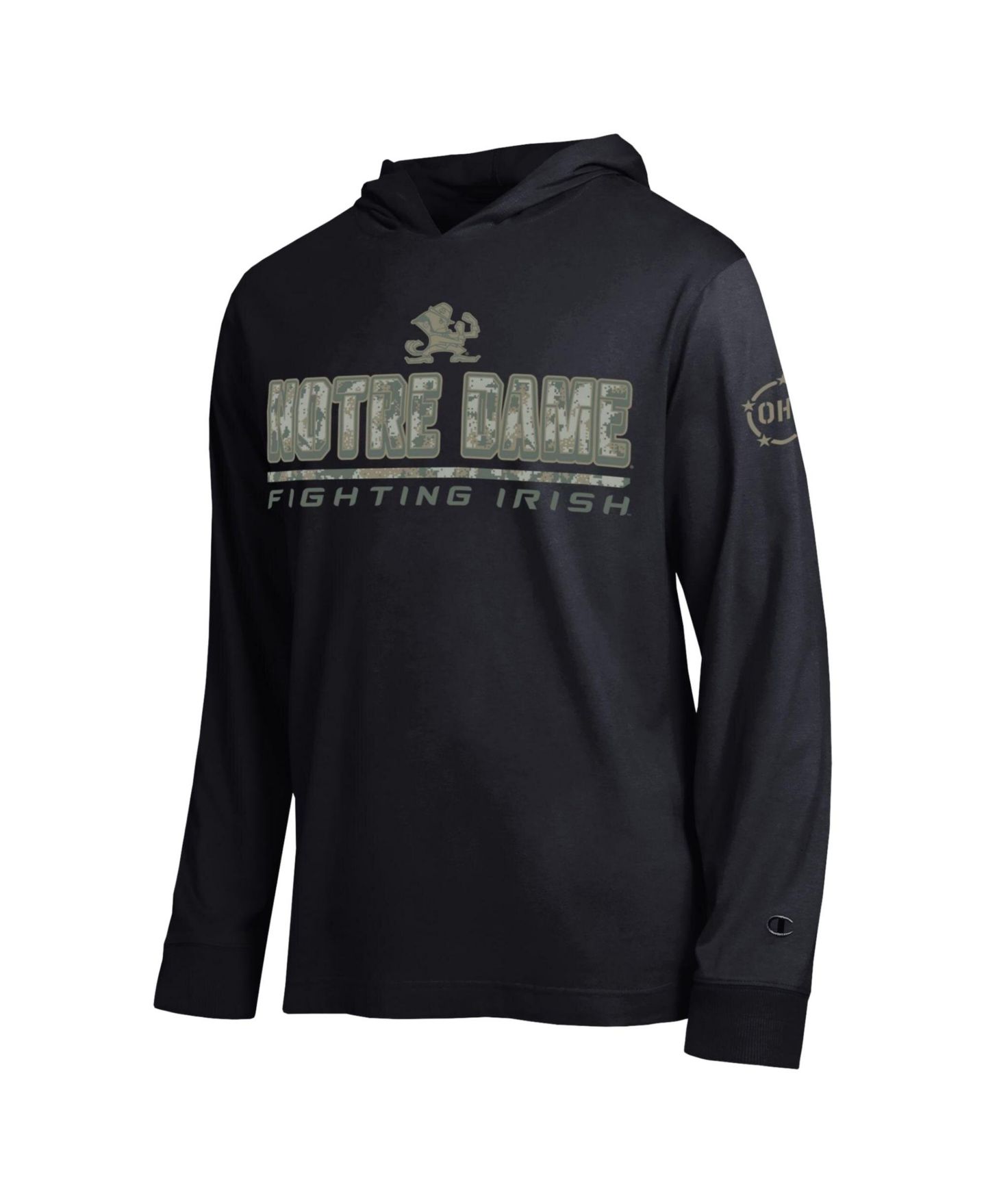 Мужская футболка Champion Black Notre Dame Fighting Irish Operation Hat Trick Camo Script Hooded Long-Sleeve — фото 2