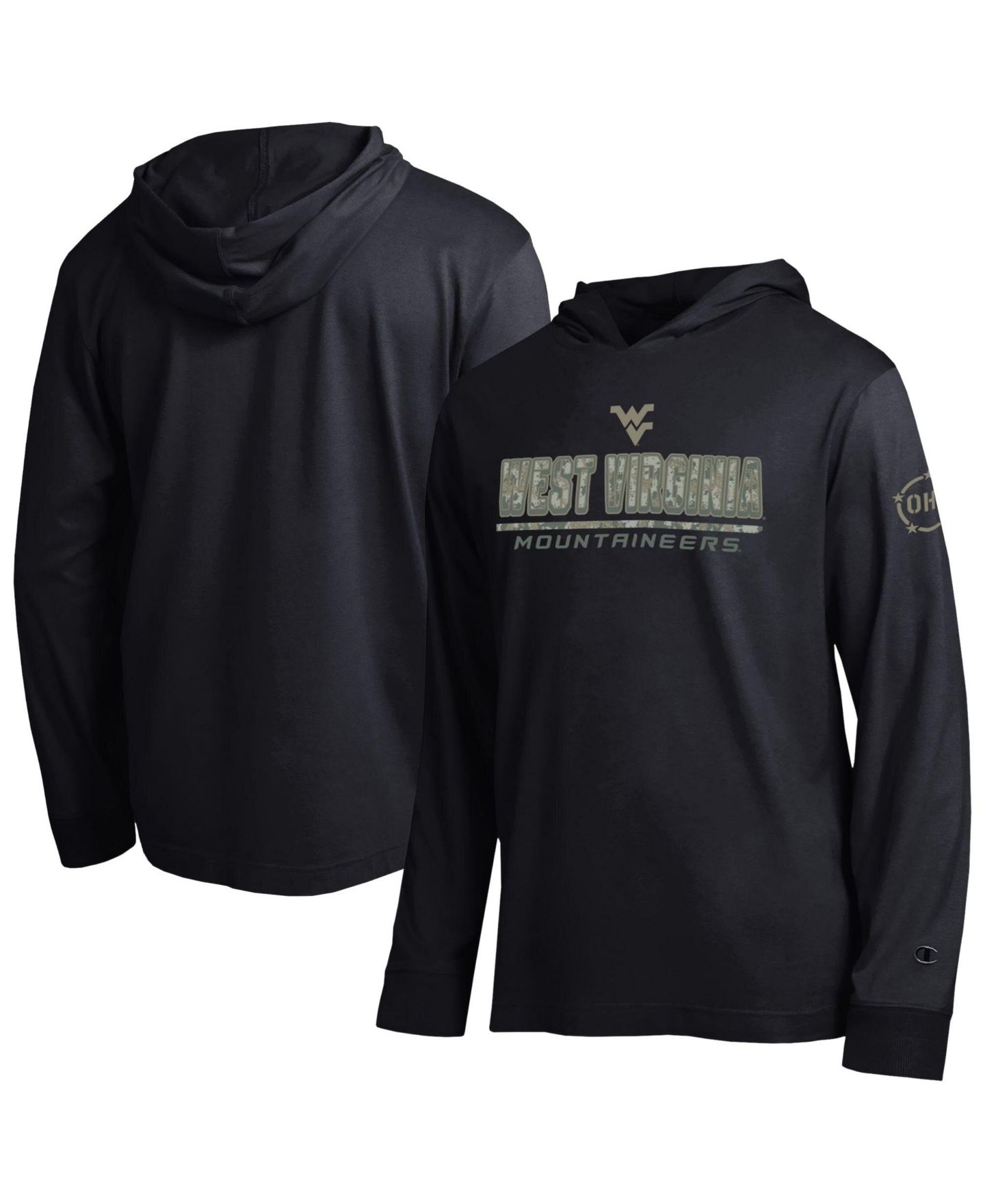 Мужская футболка Champion Black West Virginia Mountaineers Operation Hat Trick Camo Script Hooded Long-Sleeve — фото 1
