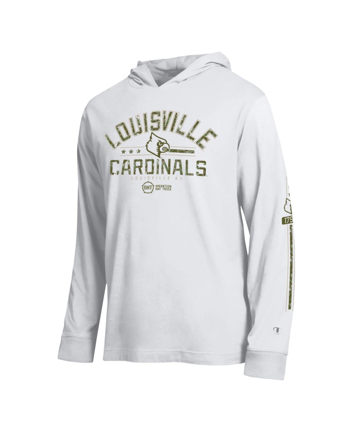 Мужская футболка Champion White Louisville Cardinals Operation Hat Trick Sleeve Line Hooded Long-Sleeve — фото 2