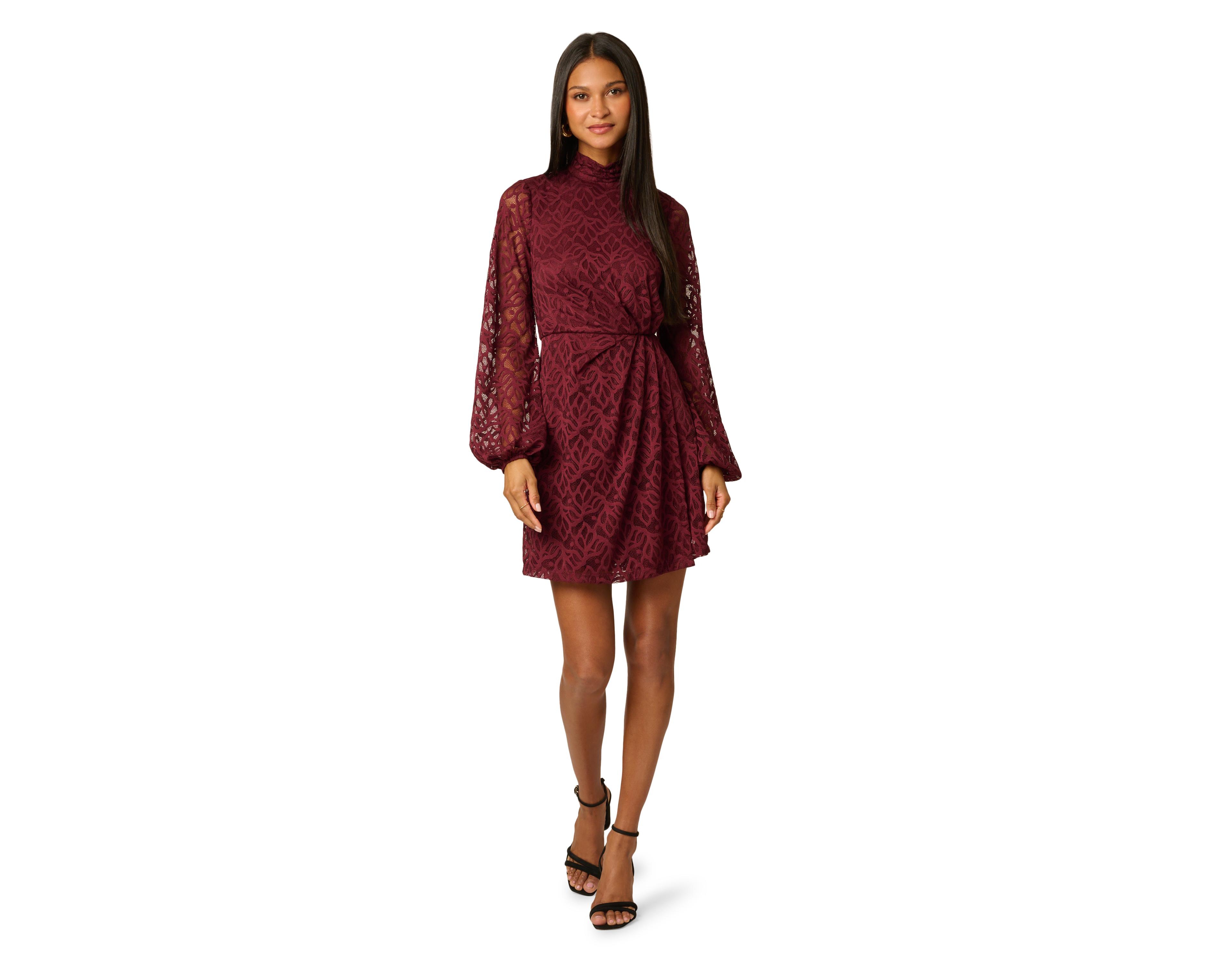 Adrianna Papell Women's Halter Long-Sleeve Lace Mini Dress