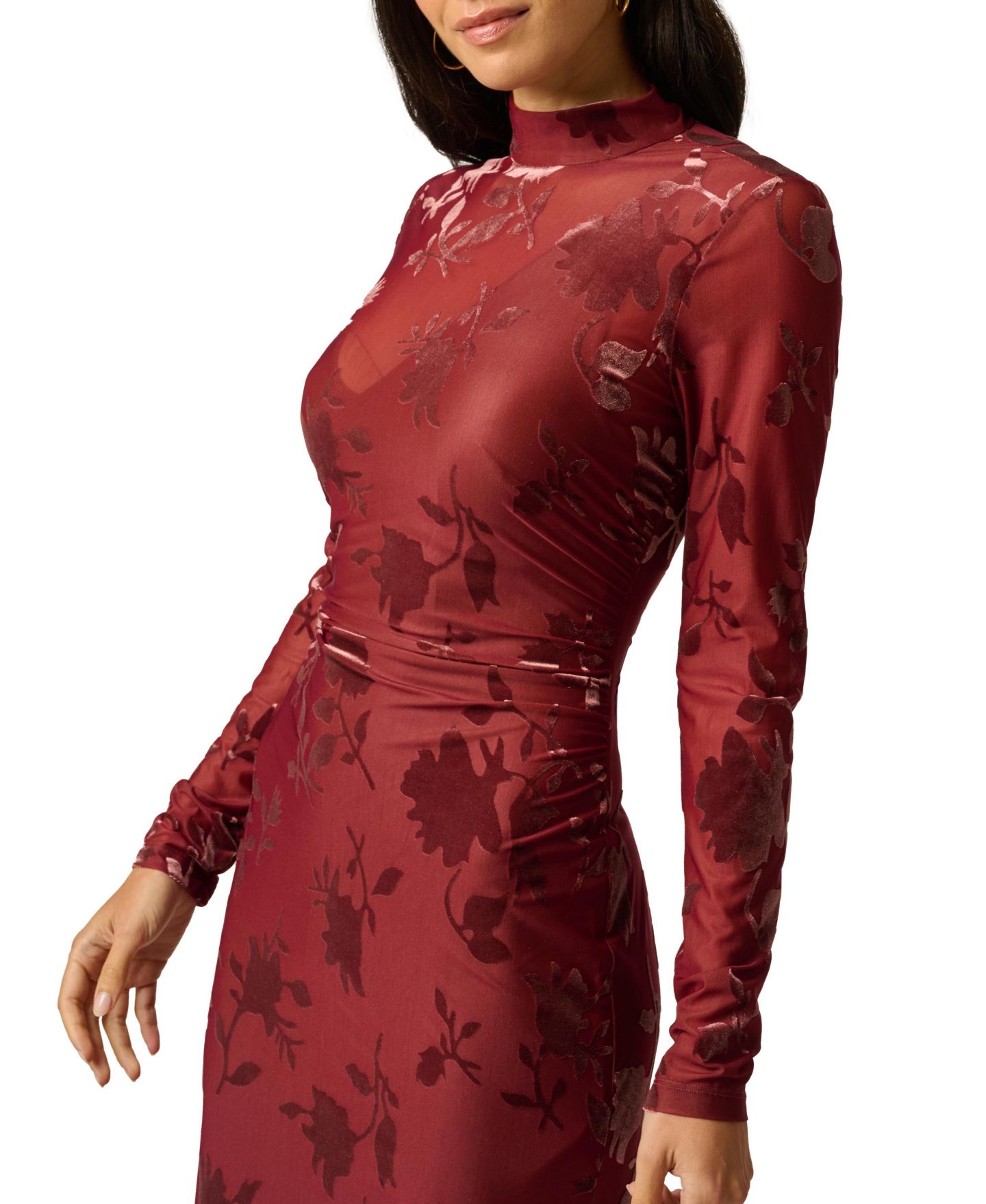 Женское платье Adrianna Papell Velvet Burnout Midi Long-Sleeve Mock-Neck Floral, цвет: Каштаново-рыжий — фото 3