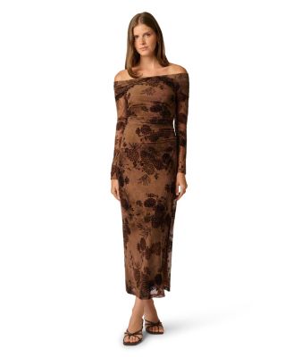 Women's Off-the-Shoulder Burnout Mesh Long-Sleeve Dress