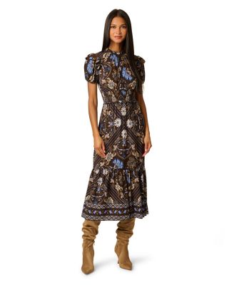 Women's Floral-Print Smocked Short-Sleeve Midi Dress