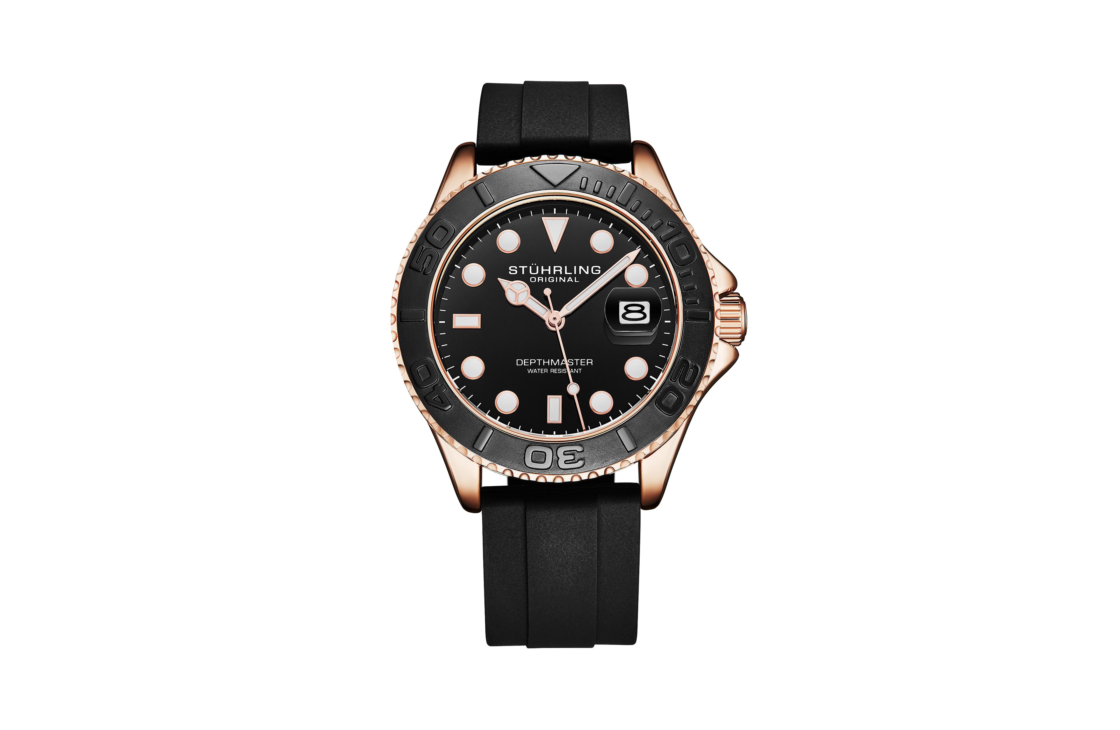 Stuhrling Depthmaster 4072 Men s Quartz Diver Watch – 42mm, Rose Gold-Tone Case, Black Dial, Silicone Strap, Date, 100M Water Resistant