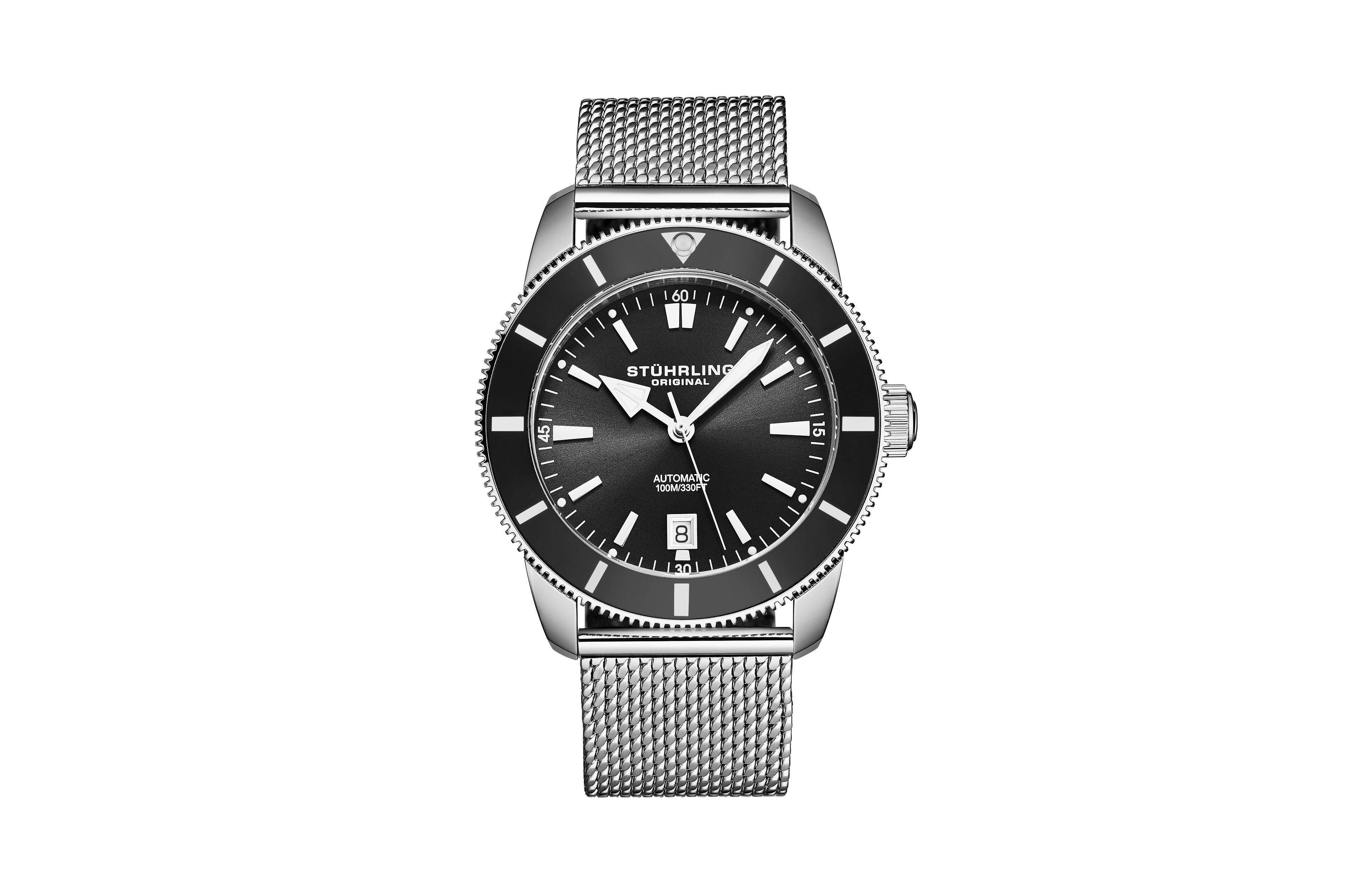 Stuhrling Mens Marinier 4079 Automatic 42 mm Dive Watch with Sunray Dial and Mesh Bracelet