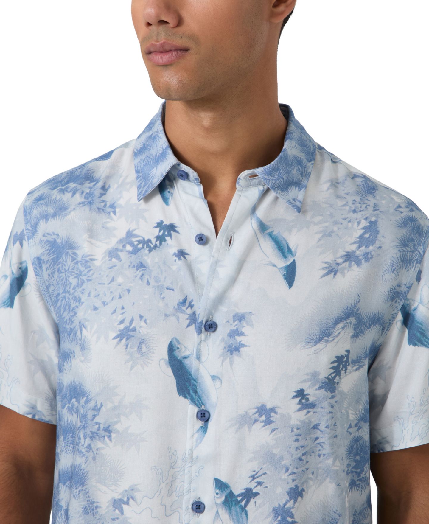 Мужская рубашка GUESS Naru River Camp-Collar Floral-Print Short-Sleeve, цвет: С принтом синий — фото 3