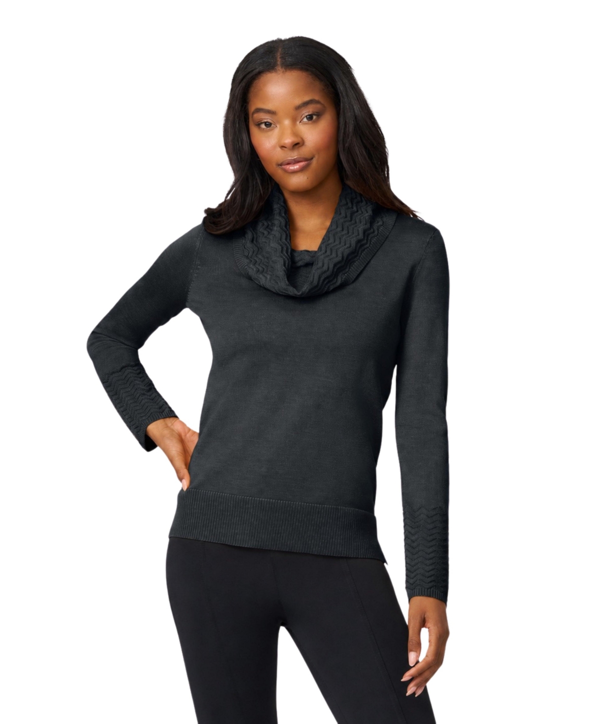 Melissa Paige Petite Chevron-Trimmed High-Low Cowl-Neck Sweater - Charcoal heather