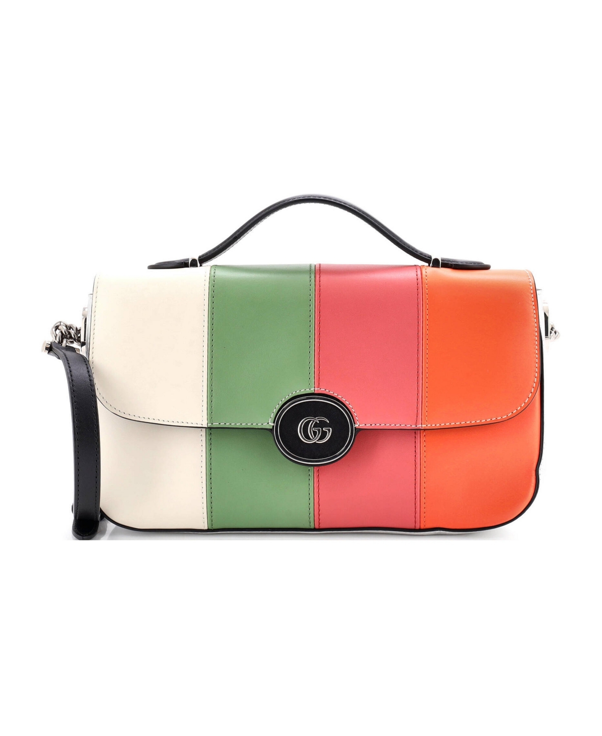 Pre-Owned Gucci Small Petite Gg Flap Shoulder Bag Striped Leather - Black