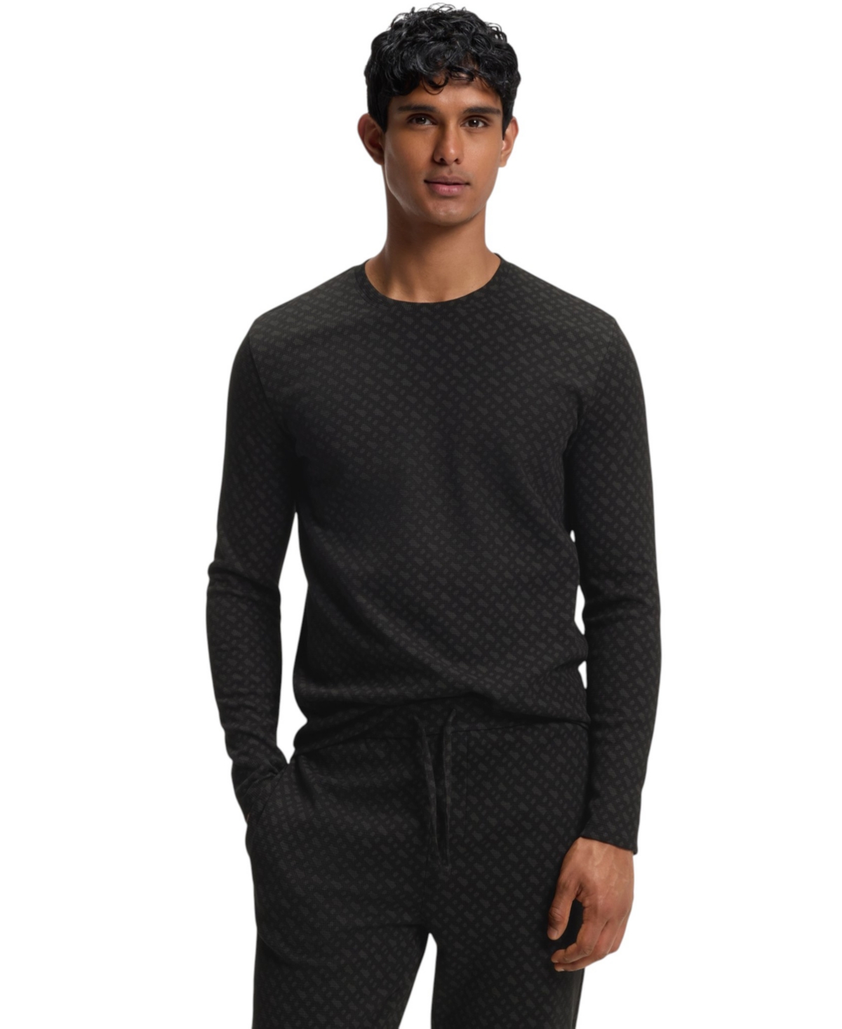 Boss by Hugo Boss Men's Waffle-Knit Crewneck Long-Sleeve Pajama Top - Black