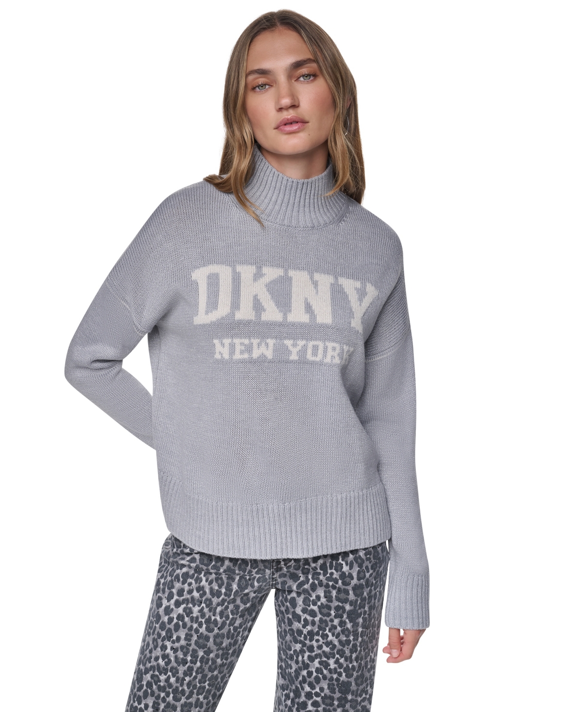 Dkny Jeans Women's All Over Lurex Intarsia Mock Neck Long-Sleeve Pullover Sweater - Sky Gray Heather