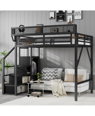  Metal Full Size Loft Bed with Stairs, Wardrobe and Shelves